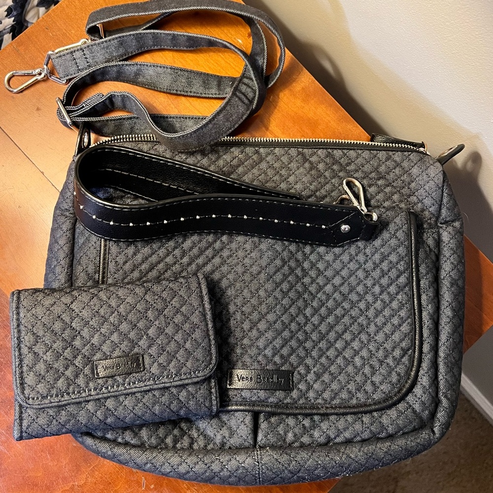 Vera Bradley Charcoal Black quilted purse with a matching wallet & 2 straps